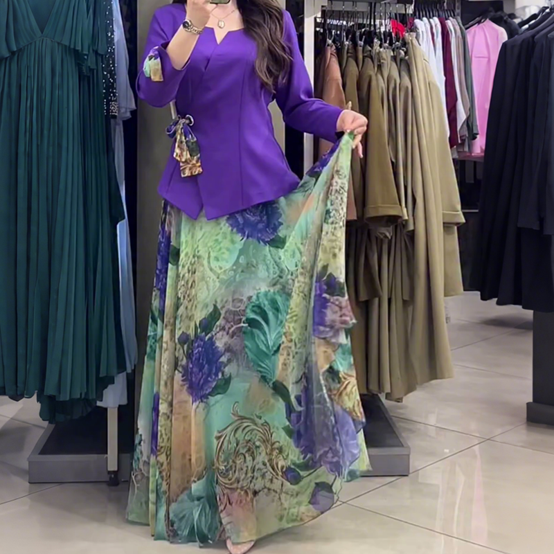 💜Елегантен топ и пола с флорални мотиви, комплект от две части