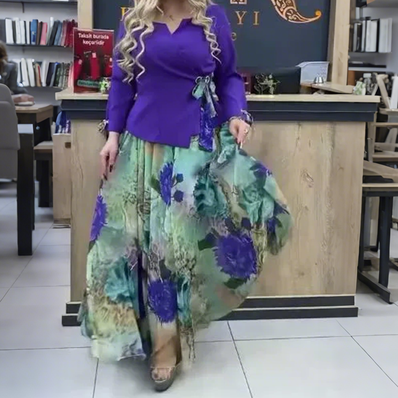 💜Елегантен топ и пола с флорални мотиви, комплект от две части