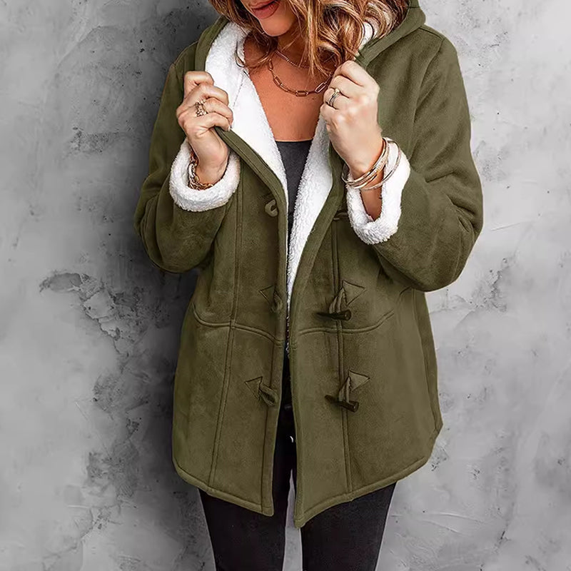 ❄️ Nők Kapucnis Suede Kabát Plüss Béleléssel 🧥💕