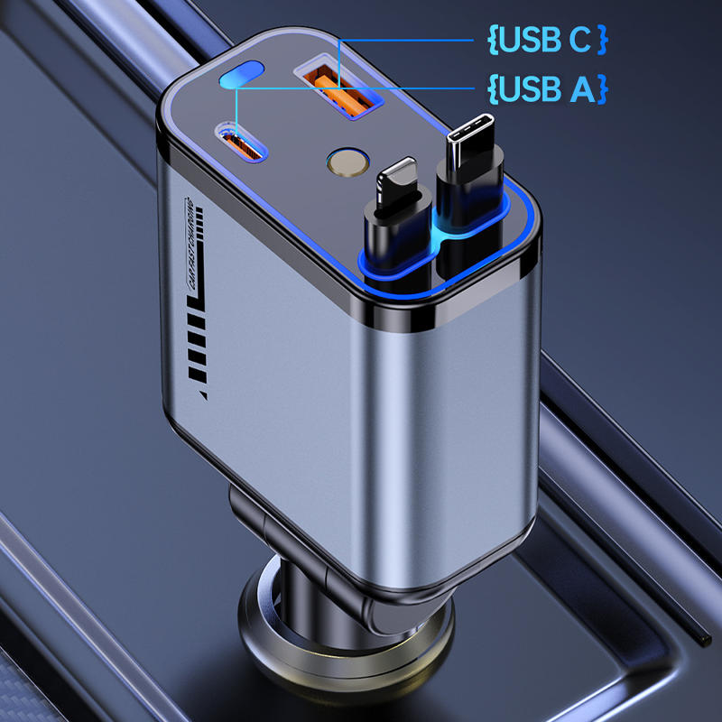 📱 Многофункционално зарядно устройство за кола с бързо зареждане и прибиращ се кабел | Съвместимо с всички смартфони