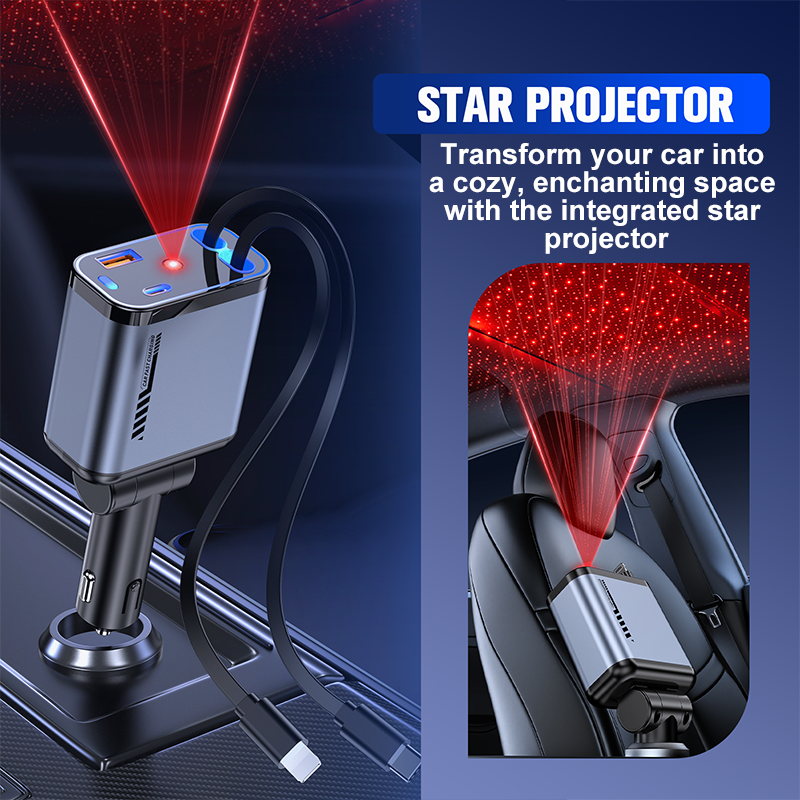 📱 Многофункционално зарядно устройство за кола с бързо зареждане и прибиращ се кабел | Съвместимо с всички смартфони