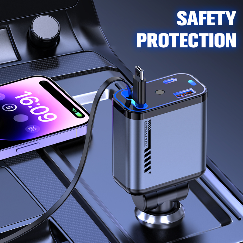 📱 Многофункционално зарядно устройство за кола с бързо зареждане и прибиращ се кабел | Съвместимо с всички смартфони