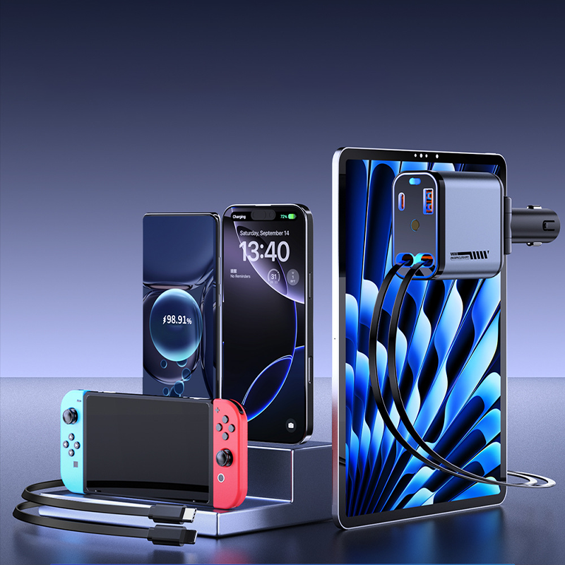 📱 Многофункционално зарядно устройство за кола с бързо зареждане и прибиращ се кабел | Съвместимо с всички смартфони