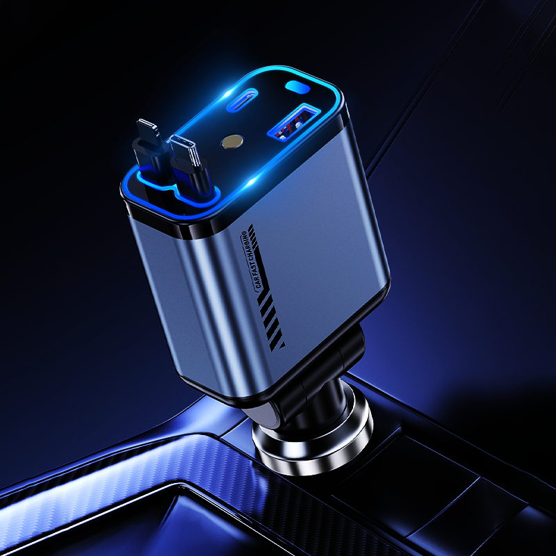 📱 Многофункционално зарядно устройство за кола с бързо зареждане и прибиращ се кабел | Съвместимо с всички смартфони