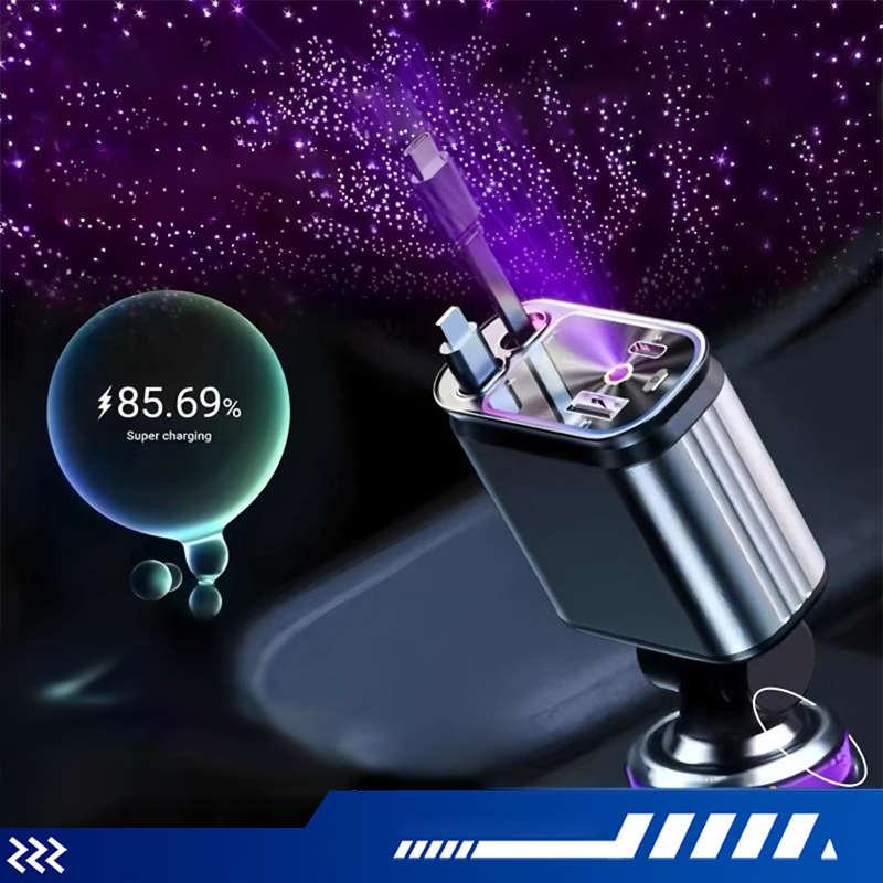 📱 Многофункционално зарядно устройство за кола с бързо зареждане и прибиращ се кабел | Съвместимо с всички смартфони