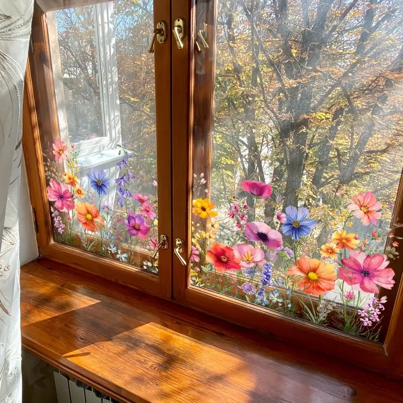 💎 Színes ablakmatrica virágcsokor motívummal - levehető, kétoldalas és méretre vágható 🏡