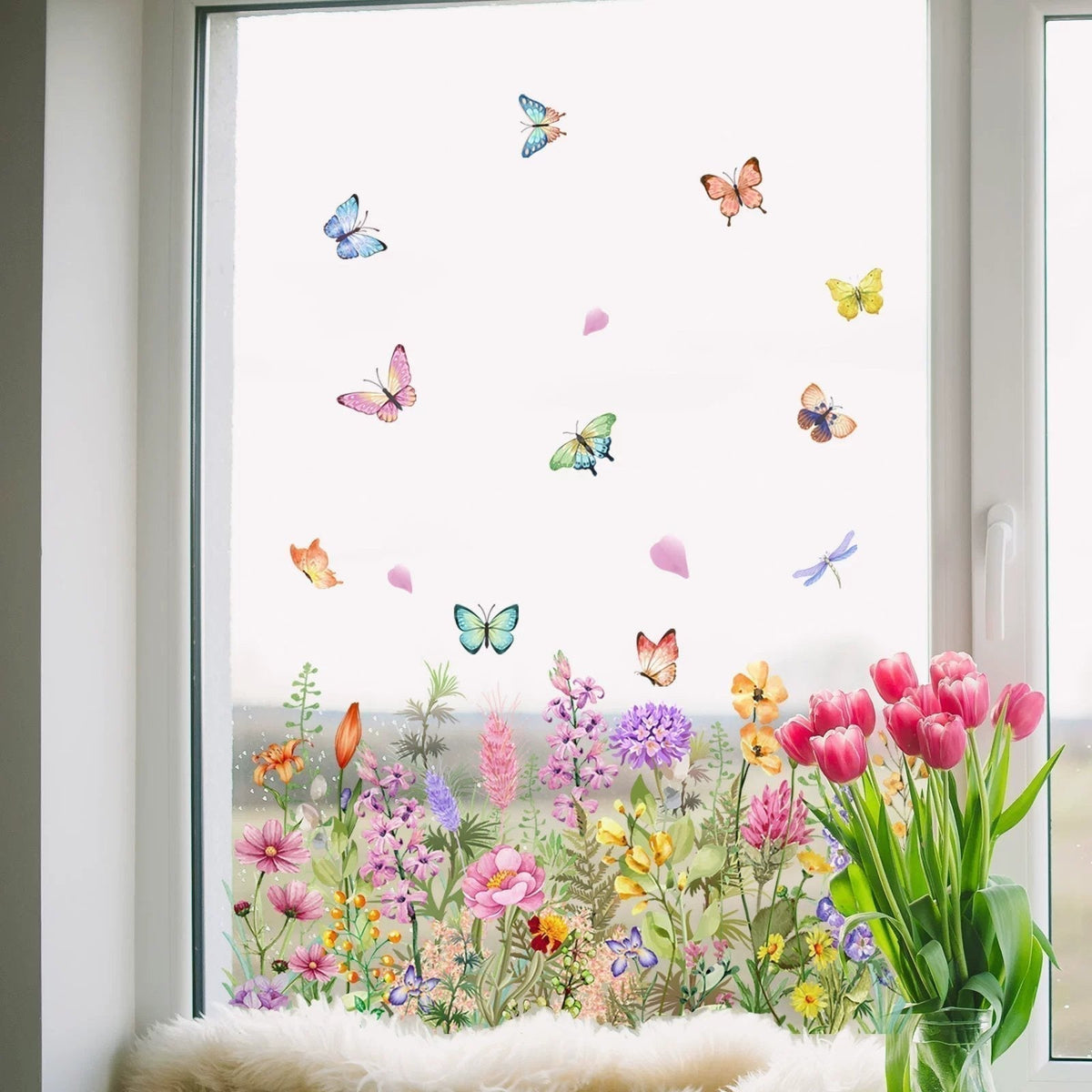 💎 Színes ablakmatrica virágcsokor motívummal - levehető, kétoldalas és méretre vágható 🏡