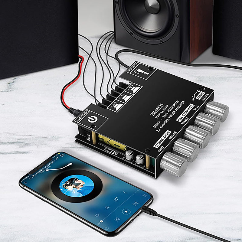 🎵🔊 2.1-csatornás Bluetooth-hangerősítő modul –📶 100 W RMS, mélynyomó-kimenet, Aux/USB ✨